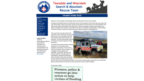 Screenshot of the Teesdale And Weardale Search And Mountain Rescue Team website