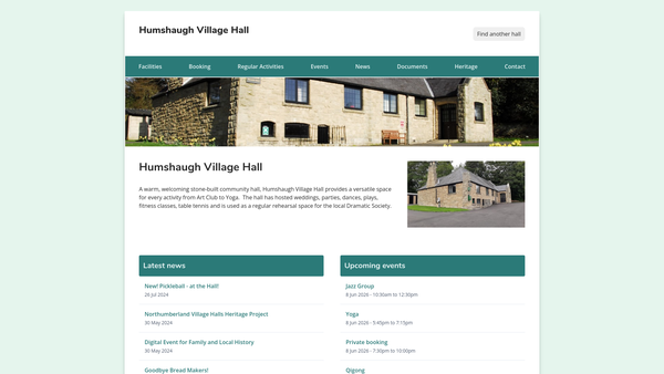 Screenshot of the Humshaugh Village Hall website