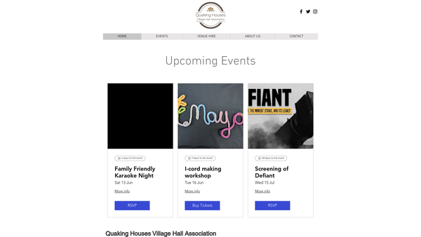 Screenshot of the Quaking Houses Village Hall Association website