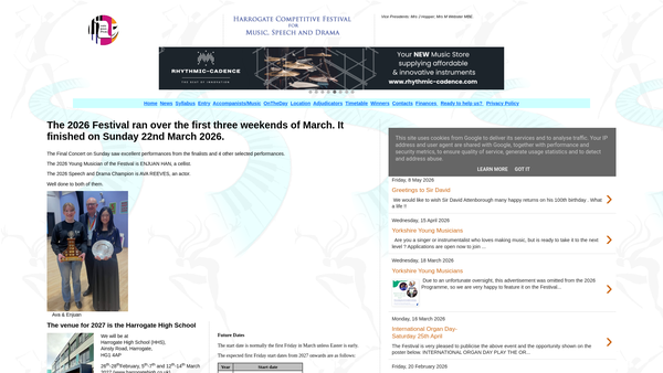 Screenshot of the The Harrogate Competitive Festival For Music Speech And Drama website