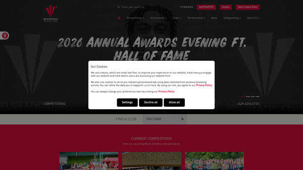 Screenshot of the Welsh Schools Athletic Association website
