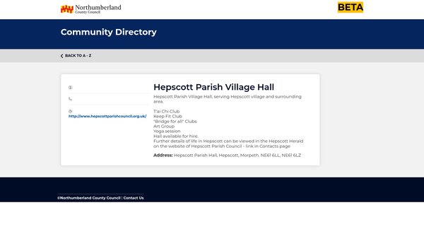 Screenshot of the Hepscott Village Hall website