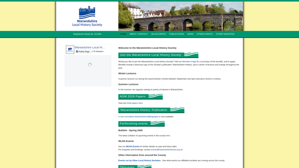 Screenshot of the Warwickshire Local History Society website
