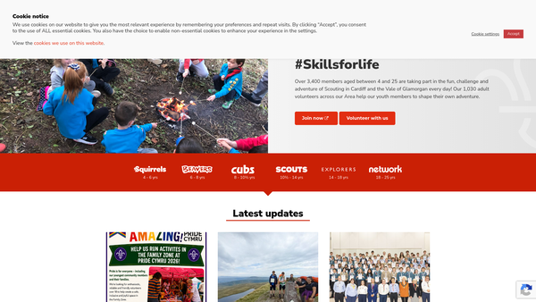 Screenshot of the Cardiff And Vale Area Scout Council website