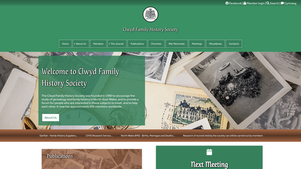 Screenshot of the Clwyd Family History Society (Cymdeithas Hanes Teuluoedd Clwyd) website