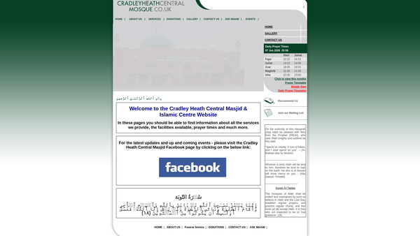 Screenshot of the Cradley Heath Central Mosque & Islamic Centre website
