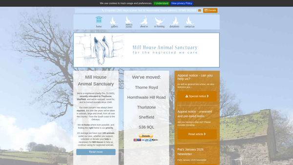 Screenshot of the The Mill House Animal Sanctuary website