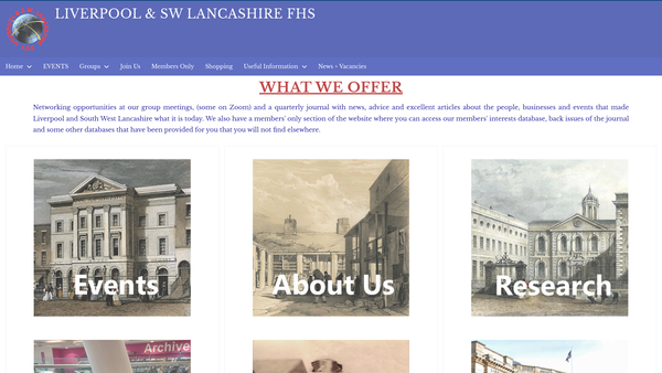 Screenshot of the Liverpool And South West Lancashire Family History Society website