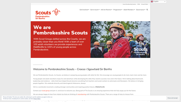 Screenshot of the Pembrokeshire Area Scout Council website