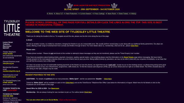 Screenshot of the Tyldesley Little Theatre website