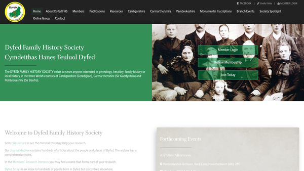 Screenshot of the Cymdeithas Hanes Teuluoedd Dyfed/dyfed Family History Society website