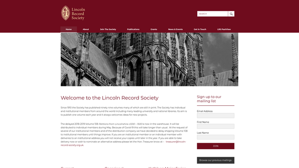 Screenshot of the Lincoln Record Society website