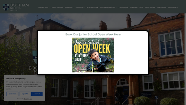 Screenshot of the Bootham School website