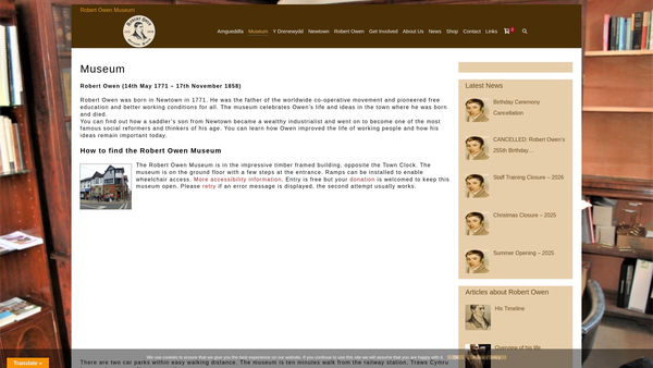 Screenshot of the The Robert Owen Memorial Museum website