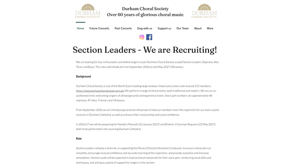 Screenshot of the Durham Choral Society website