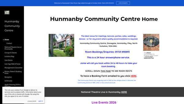 Screenshot of the Hunmanby Community Centre website
