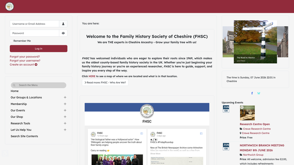 Screenshot of the The Family History Society Of Cheshire website
