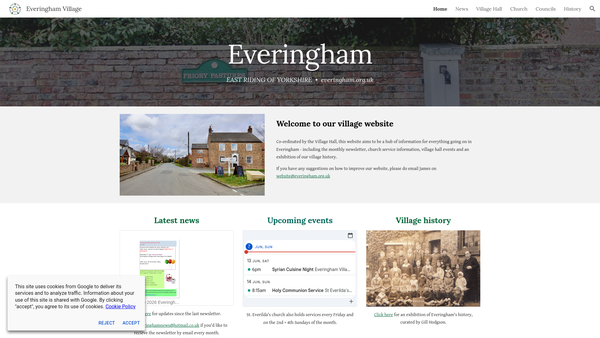 Screenshot of the Everingham Village Hall website