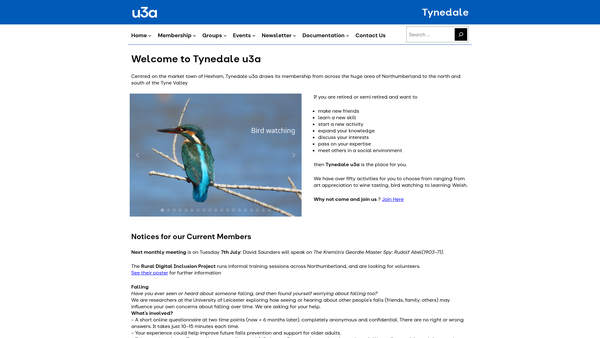 Screenshot of the Tynedale U3A website