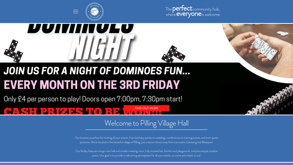 Screenshot of the Pilling Village Hall website