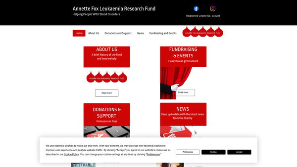 Screenshot of the Annette Fox Leukaemia Research Fund website