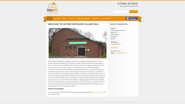 Screenshot of the Nether Whitacre Village Hall website