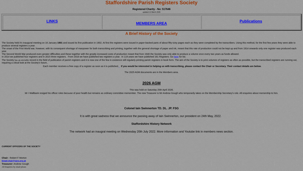 Screenshot of the Staffordshire Parish Registers Society website