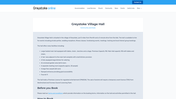 Screenshot of the Greystoke Village Hall website