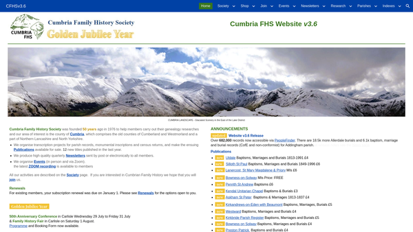 Screenshot of the Cumbria Family History Society website