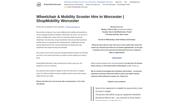 Screenshot of the Shopmobility Worcester website