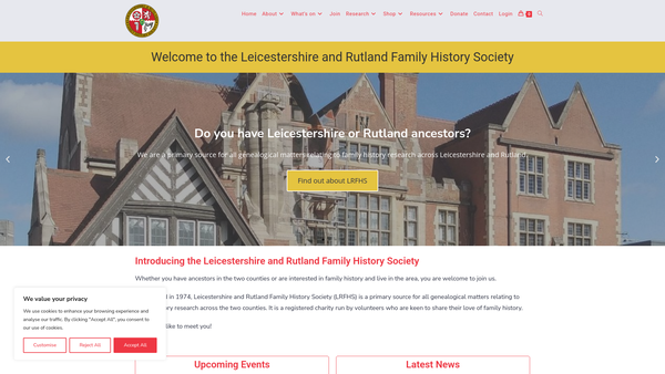 Screenshot of the The Leicestershire And Rutland Family History Society website