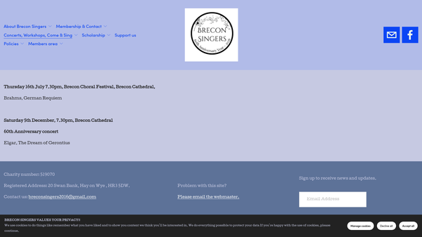 Screenshot of the Brecon Singers website