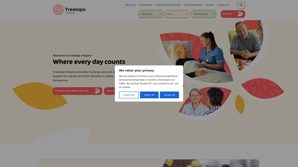 Screenshot of the Treetops Hospice Trust website