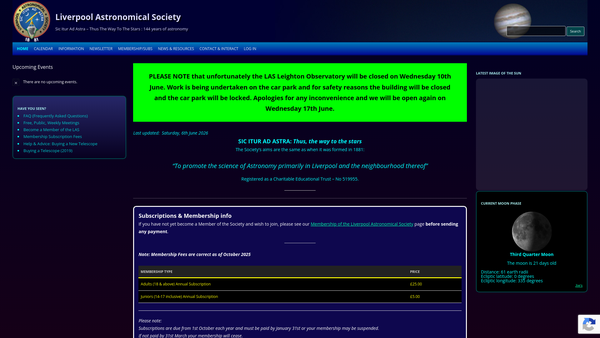 Screenshot of the Liverpool Astronomical Society website