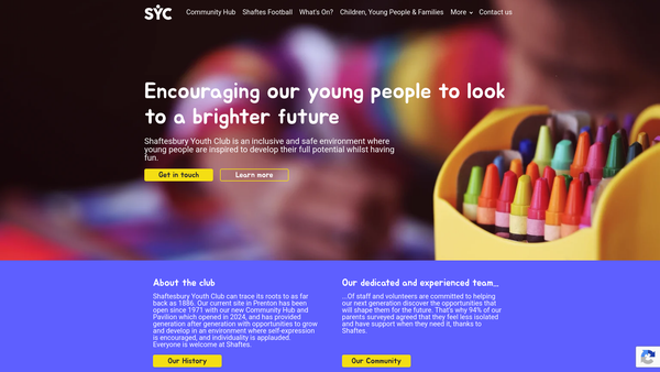 Screenshot of the Shaftesbury Youth Club website