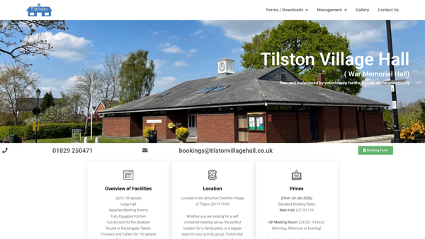 Screenshot of the Tilston Village Hall website
