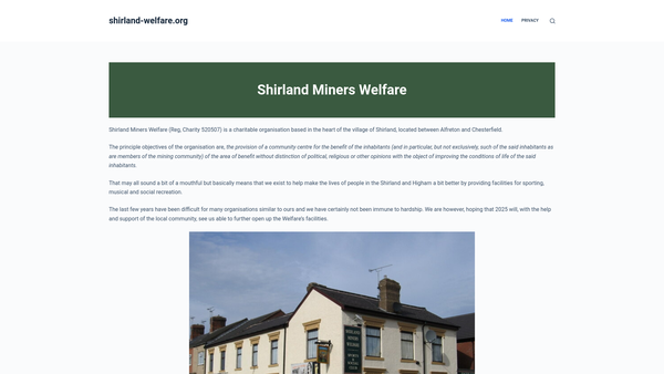Screenshot of the Shirland Miners Welfare website