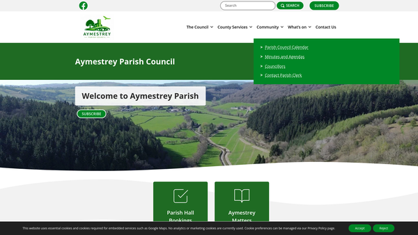 Screenshot of the Aymestrey Parish Hall website