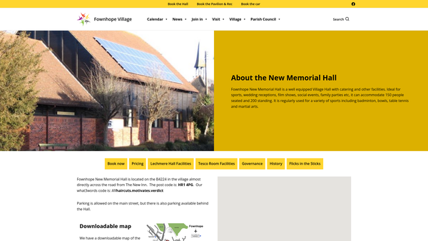 Screenshot of the Fownhope New Memorial Hall website