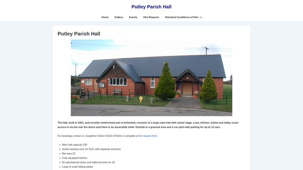 Screenshot of the Putley Parish Hall website