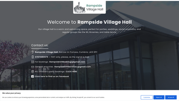 Screenshot of the Rampside Village Hall website
