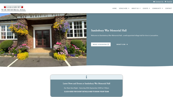 Screenshot of the Samlesbury Memorial Hall website