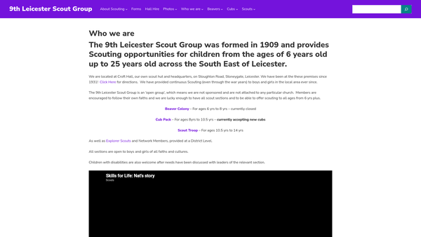 Screenshot of the 9th Leicester Scout Group website