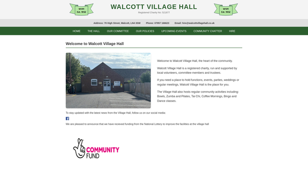 Screenshot of the Walcott Village Hall website