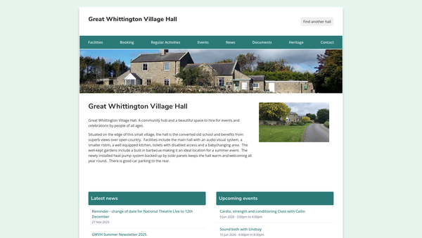 Screenshot of the Great Whittington Village Hall website