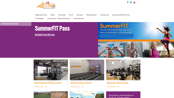 Screenshot of the Southwell Leisure Centre website