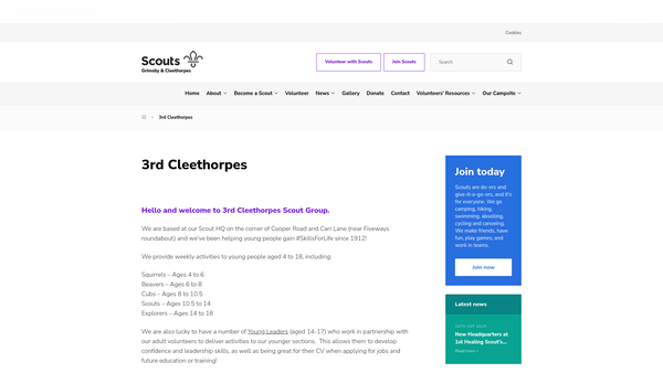 Screenshot of the 3rd Cleethorpes Scout Group website