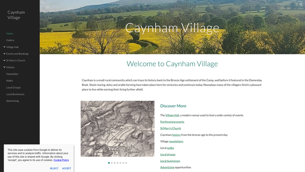 Screenshot of the Caynham Village Hall website