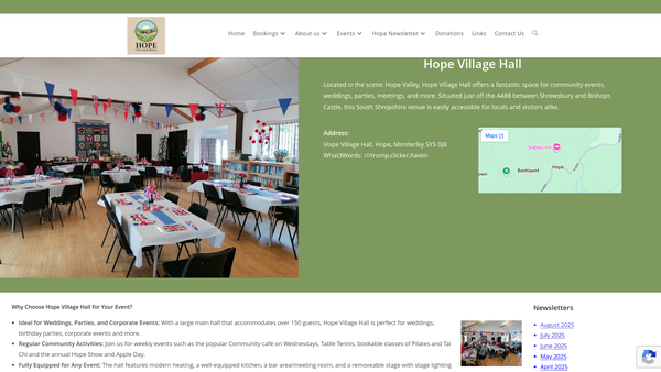Screenshot of the Hope Village Hall website