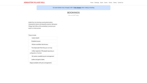 Screenshot of the Admaston Village Hall website